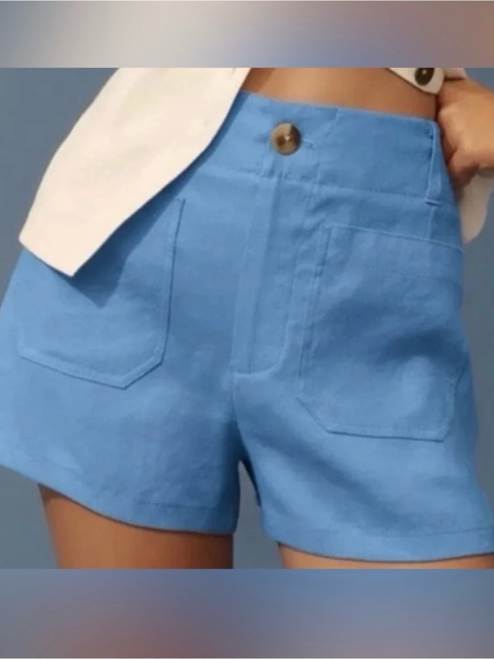 Anthropologie Maeve Colette Linen Blue High-Waist Patch Pocket Shorts